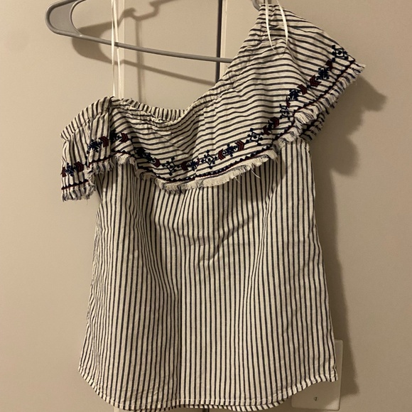 H&M LOGG Brand | One shoulder striped peasant top w/ embroidery - Picture 2 of 6